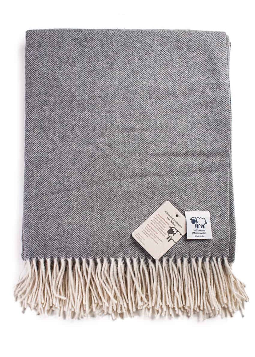 Wolldecke Fischgrät "100% Merinowolle" grau