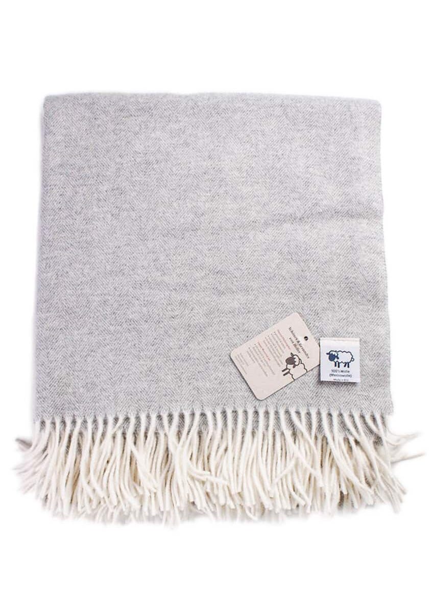 Wolldecke Fischgrät "100% Merinowolle", hellgrau