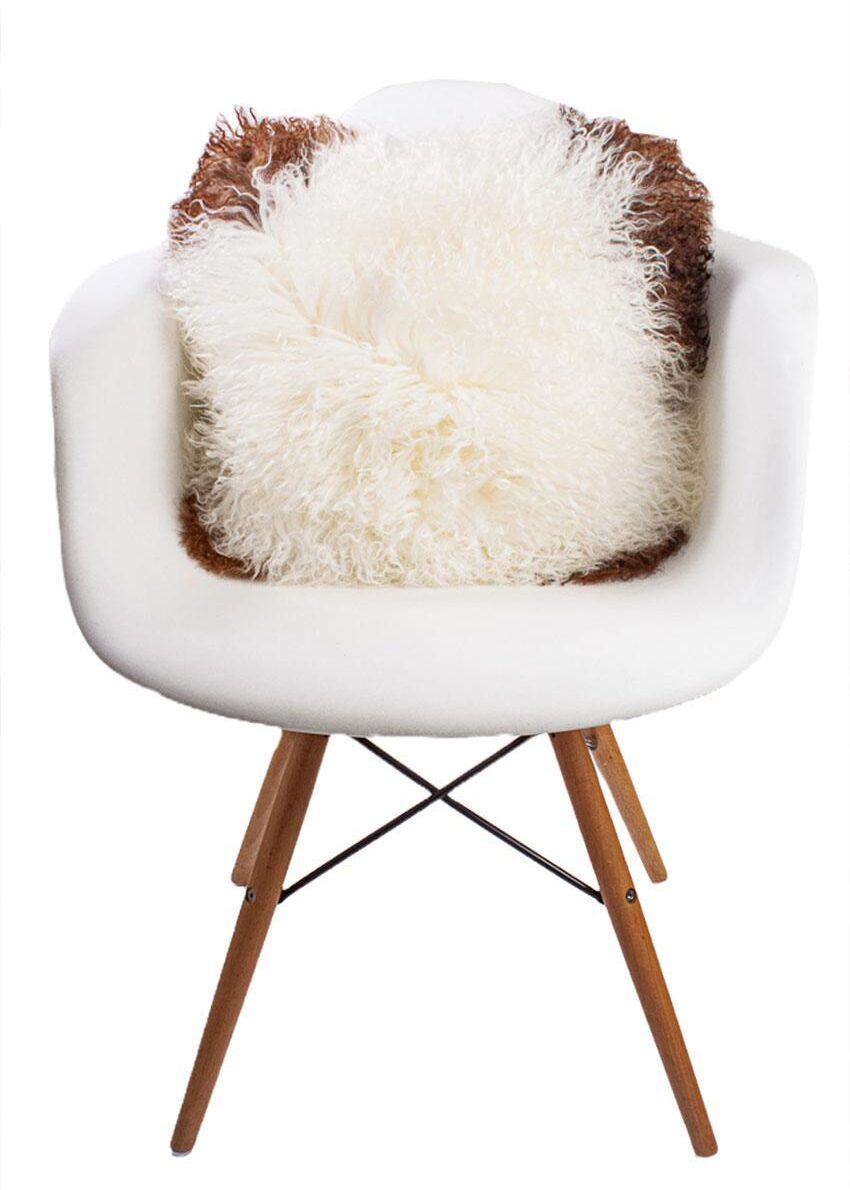 Premium Tibet-Lammfell-Kissen, braun-weiß gescheckt