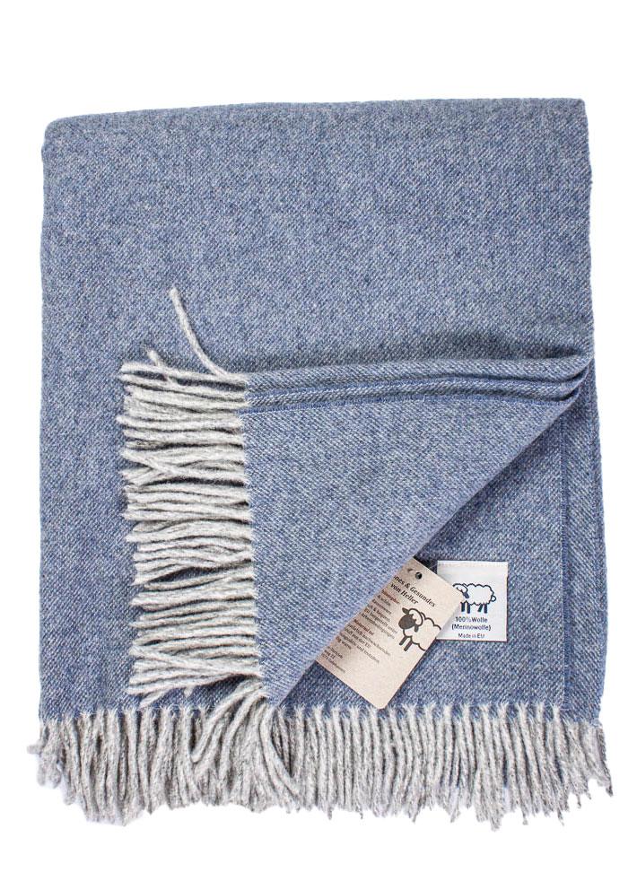 Wolldecke "Davos" 100% Merinowolle Fransen, hellblau